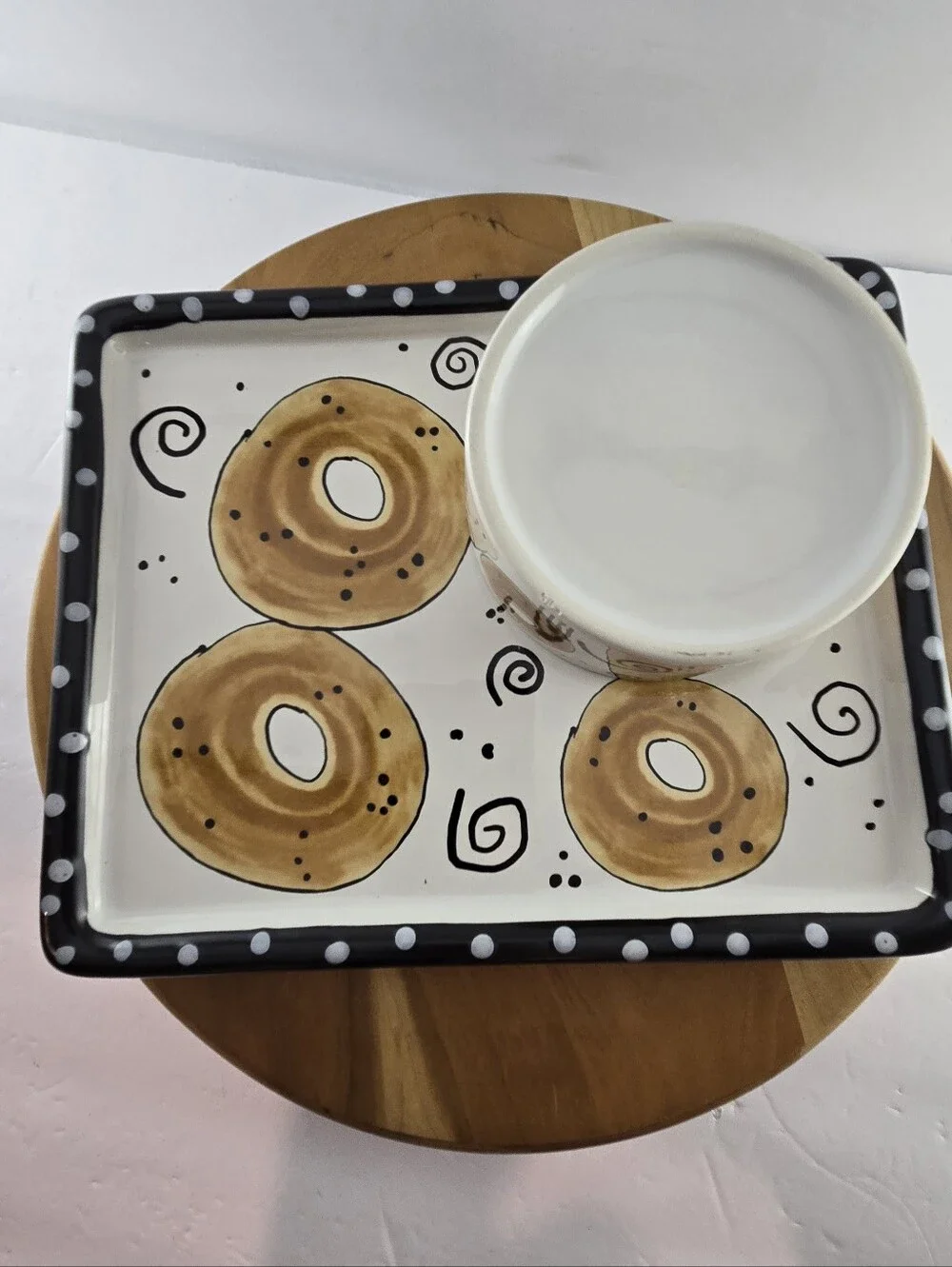 Joanne DeLomba Ceramic Bagel Plate Set Hand Painted 90s Brunch Tray, Vintage